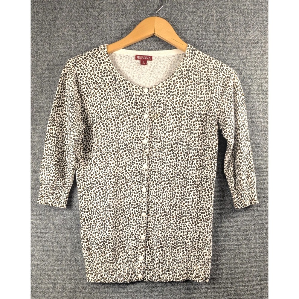 Merona Women's Medium Leopard Print Cardigan Sweater Button Front 3/4 Sleeve